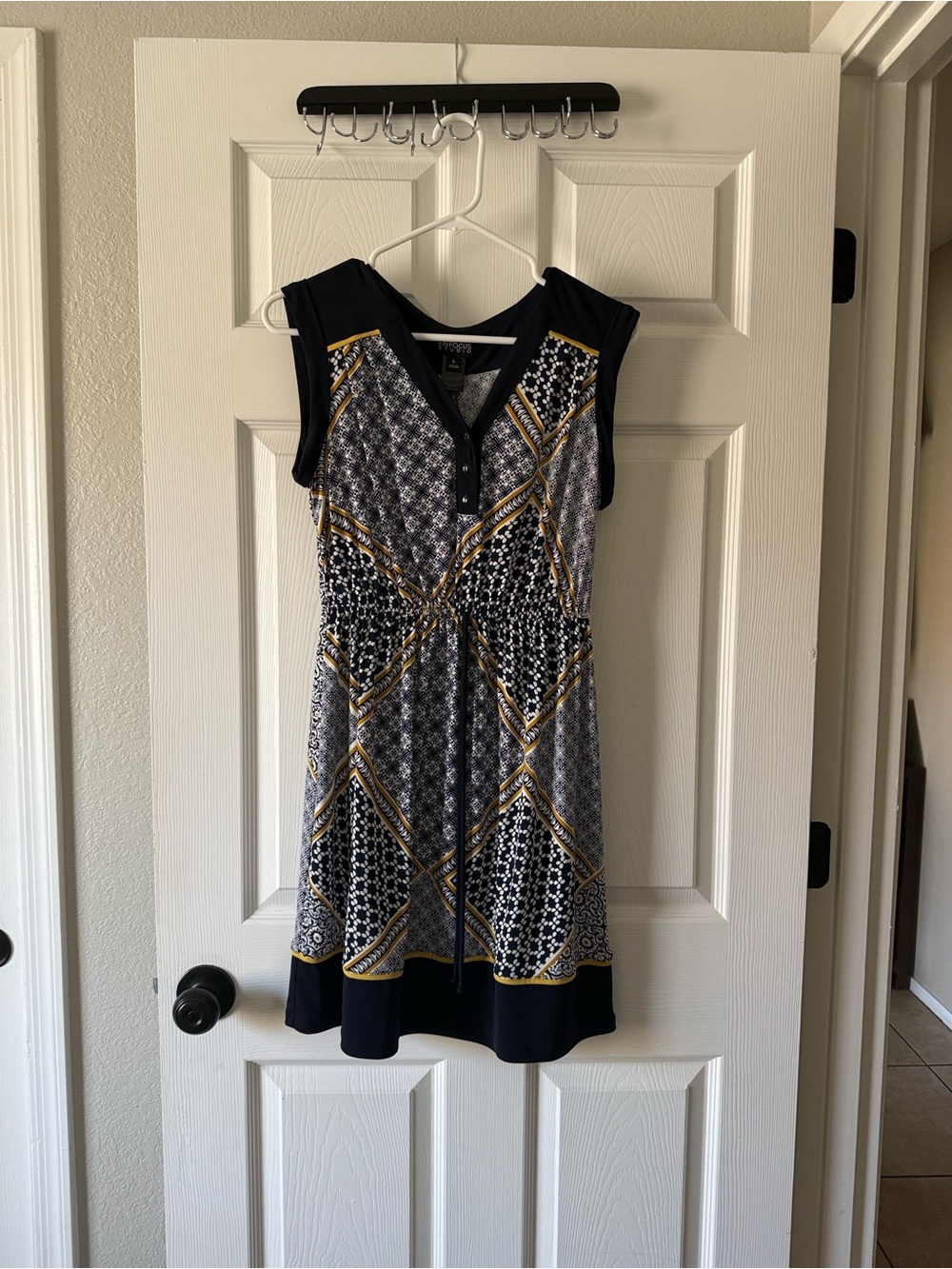 Enfocus Studio Navy, White and Gold Sleeveless Printed Midi Dress